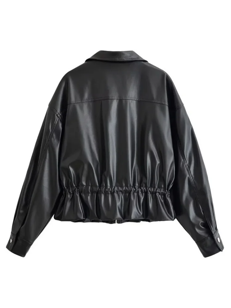 AACHOAE Women Faux Leather Jacket Drawstring Waist Zip Up Utility Short Coat Flap Pocket Casual Streetwear Autumn Outerwear