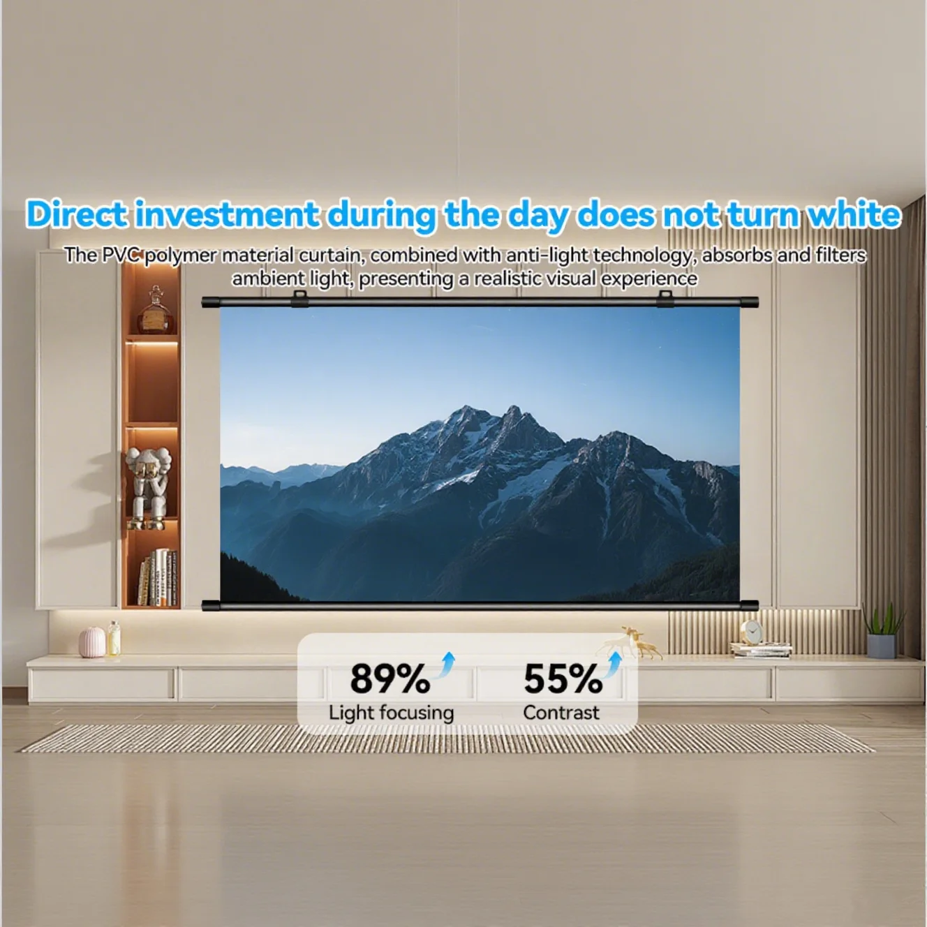 شاشة عرض XIAOHUI مقاس 60 بوصة 16:9، مثبتة على الحائط خالية من الفتحات، منزلية مضادة للوهج