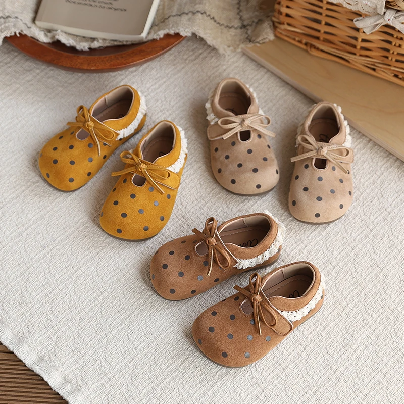 

Туфли Мэри Джейн в горошек для девочек, детские туфли без каблука с кружевной отделкой, туфли принцессы с бантом, детская повседневная кожаная обувь, размеры 21-30