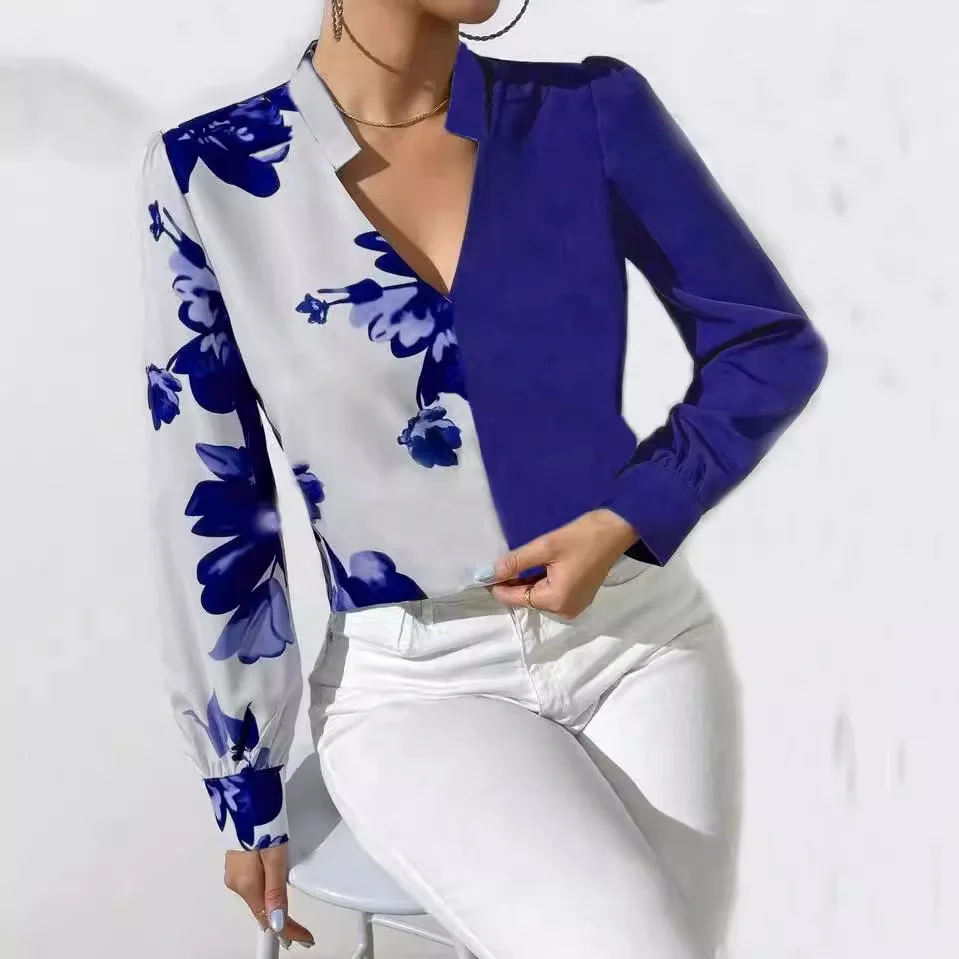 Long Sleeve Blue Flower Print Blouse Women 2024 Spring And Autumn Ladies Tops Elegant Work Office Casual Shirt Blouse