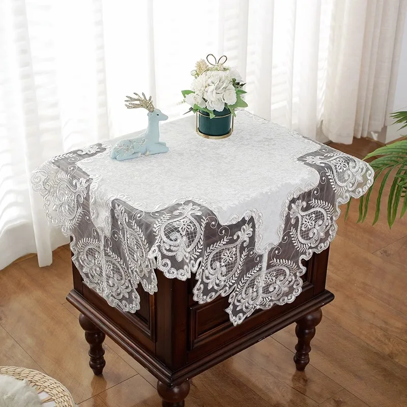 Square Table Cloth White Small Bedside Tablecloth Luxury Embroidery Lace Dining Table Cover Table Juppe Elegant Dust Cover Towel