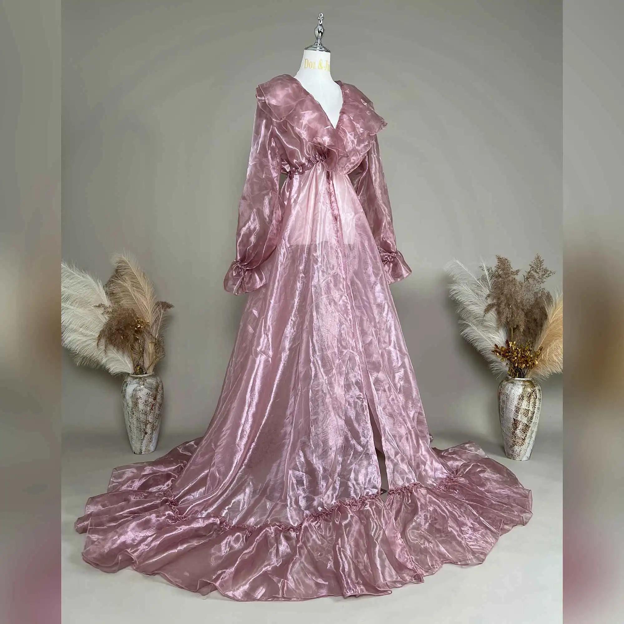 Don&Judy Pink Metallic Chiffon Evening Gown with Adjustable Waist Ruffled Neck and Flowy Train for Formal Special Occasion