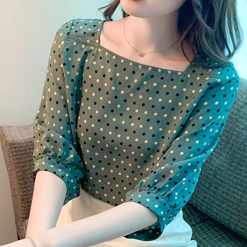 

Five-sleeve Chiffon Shirt 2022 Summer Loose Short Sleeve Square Collar French Blouse Female Tops Ladies Elegantes Clothing 1699