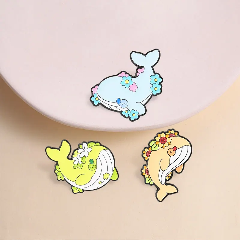 Cartoon Floral Ocean Animal Enamel Pins Cute Sea Creature Whale Colorful Flower Wreath Brooches Lapel Badge Jewelry Gifts