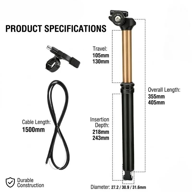 Internal Routing Dropper Seatpost 27.2/30.9/31.6mm 130mm Travel MTB Remote