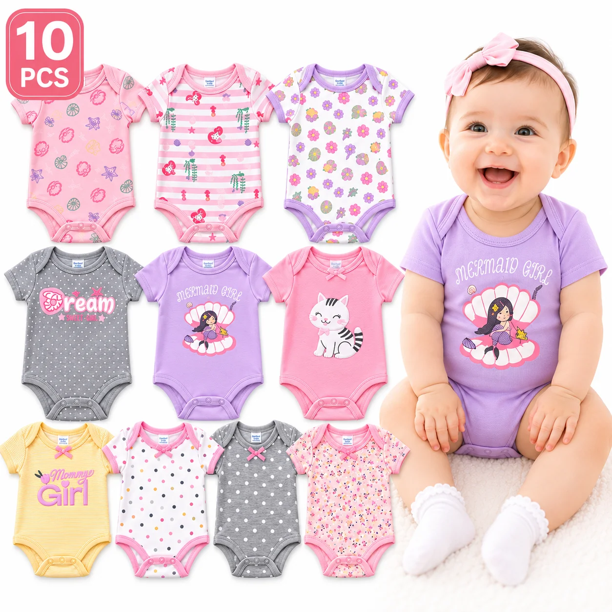 10Pcs Baby Girl Bodysuits Set Short Sleeve 100% Cotton Newborn Infant Rompers Mermaid Cat Floral Polka Dot Prints Snap Closure