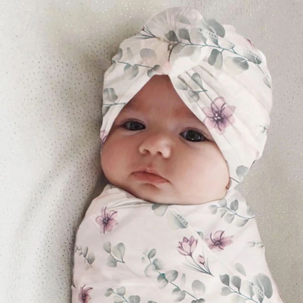 Ylsteed 3 Pieces Set  Newborn Photography Wrap with Turban Hat Baby Swaddle Blanket Headband Set Newborn Receiving Blanket