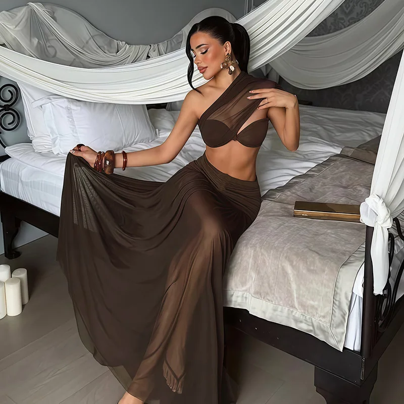 

See Through Mesh Patchwork Ruched Evening Gown Party 2 Piece Set Women Sexy One Shoulder Crop Tops + Bodycon Maxi Skirts Suits