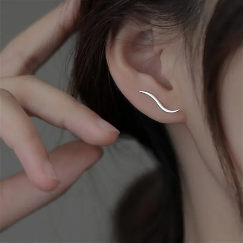 S925 الفضة إبرة قرط الاذن المرصع للنساء بسيط موجة خط ثقب الأقراط الفتيات المتخصصة تصميم حزب مجوهرات اكسسوارات هدية #1