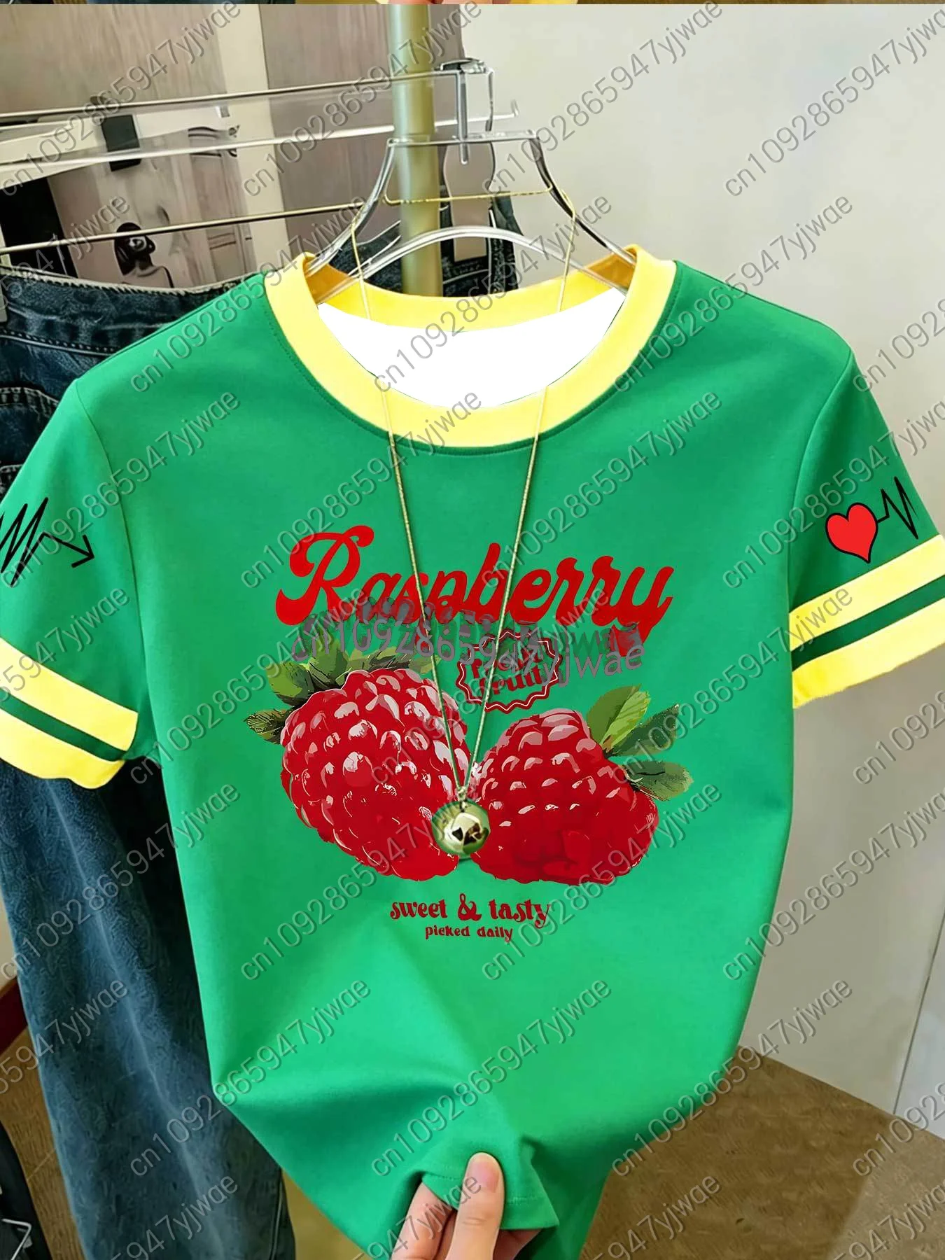 2026 Damen Kurzarm Colorblock T-Shirt mit Himbeer-Print im Y2K-Stil, Rundhals-Oberteil für Outdoor-Sport, Erwachsenen-Damen-T-Shirt – Detail 8