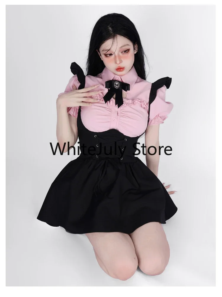 Summer Kawaii Clothing Pink Y2k Crop Tops Blouse + Black Mini Dress Two Piece Set for Women Casual Bodycon Korean Suit Chic