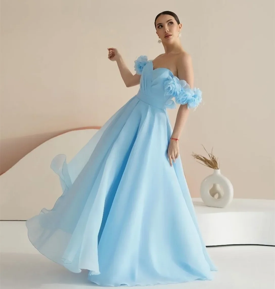 Vestidos de Noche largos elegantes de Organza azul cielo con flores, Vestidos de fiesta plisados hasta el suelo, Vestidos de noche para graduación