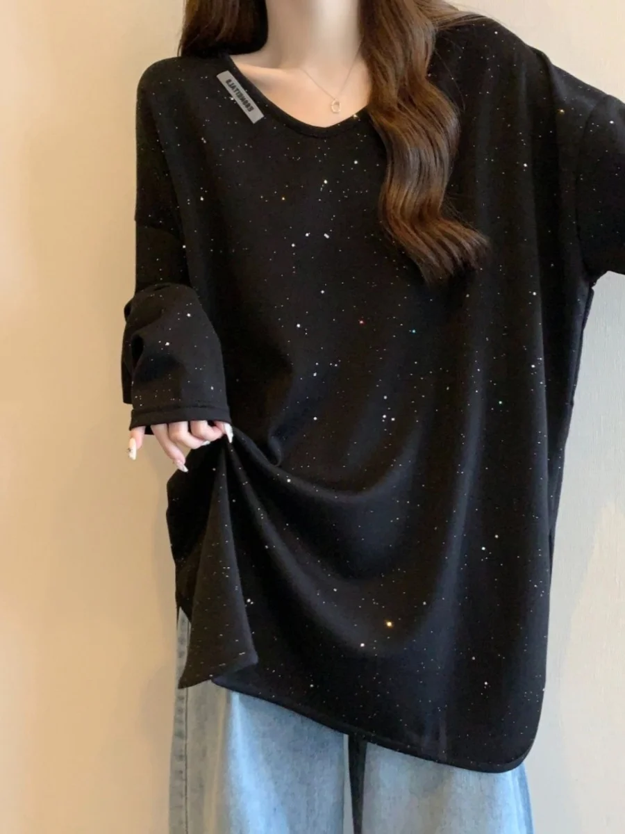 iny Sequin Long Sve T-shirt dames losse pasvorm basislaag irt V-Ne halflange polyester stof herfst winter plus maat
