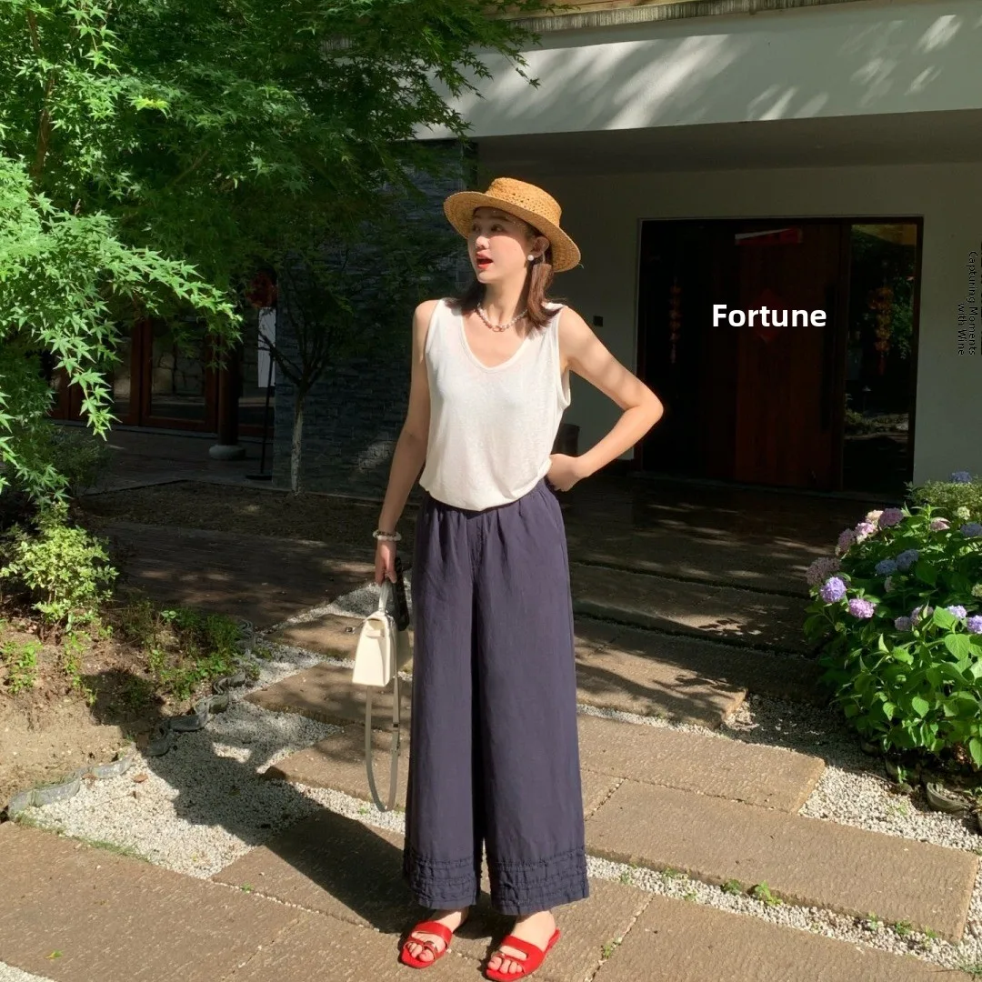 

Awei Clothing Summer New Korean Sle Women's Loose Waist Refreing Linen Casual Straight Leg Nine Points Pants