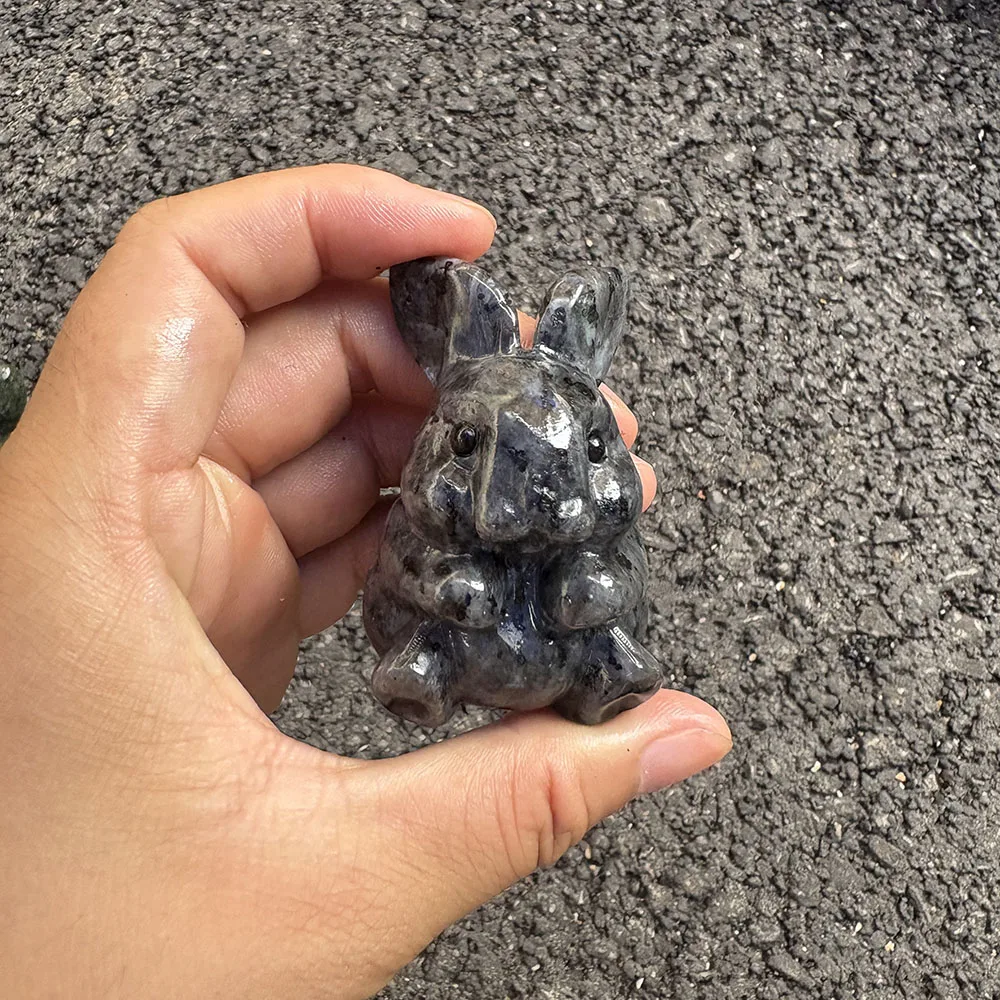 Custom Handcrafted Natural Black Shimmer Stone Rabbit Figurine - 5.5cm Cute Gemstone Bunny Statue Collectible Home Decor