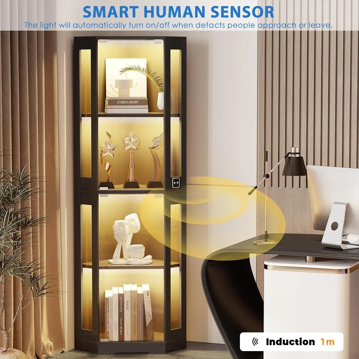 Armário de exibição de vidro de canto de 65" com luzes LED, vitrine de 4 camadas com portas de vidro e sensor de corpo humano, preto