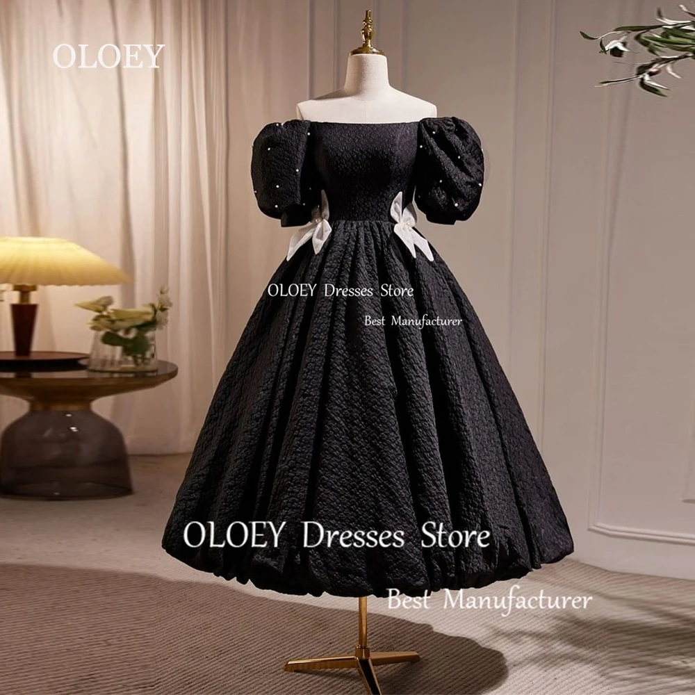 

OLOEY Elegant Black A Line Evening Dress Pleats Pearls Bows Off Shoulder Wedding Party Gown Scoop Neck Lace Up Back Custom Made