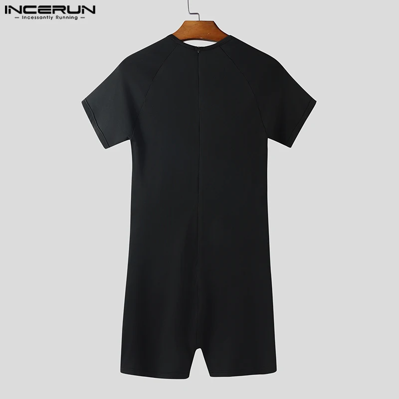 INCERUN 여름 남성 바디 슈트 솔리드 컬러 속이 빈 섹시한 오 넥 Playsuits 반팔 남성 Rompers 2025 지퍼 바디 슈트 남성