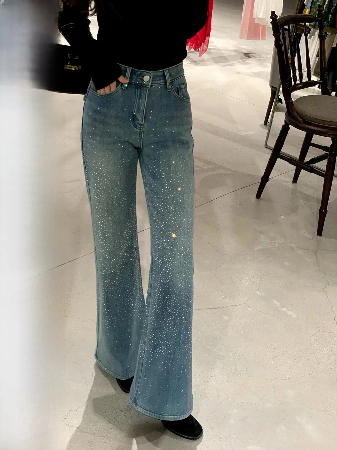 

High Waist Wide Leg Jeans Women's Loose Fit Spring Cotton Denim High Waist Washed Diamond Spring Ladies Loose Wide Leg Jeans