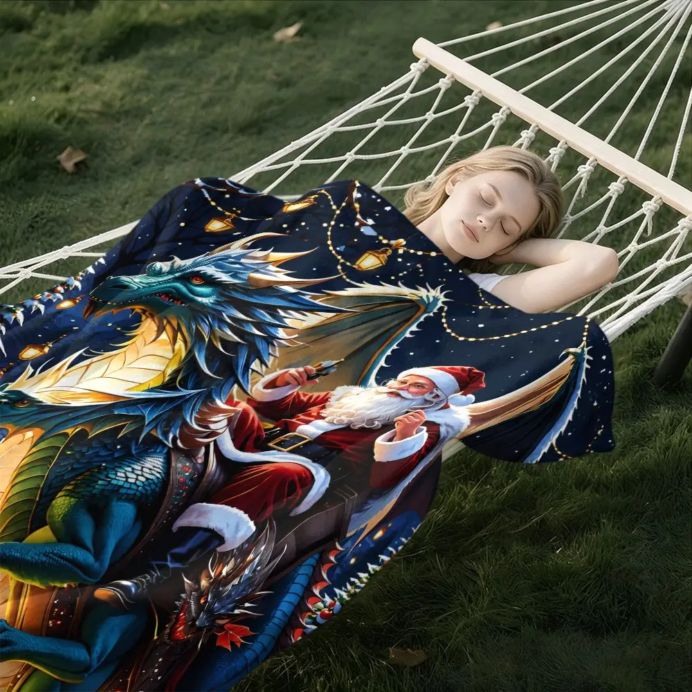 1pc Santa‑Riding‑Dragon‑Print Throw Blanket, Sofa & Bed & Travel Decor, Warm Seasonal Home Gift for Seniors