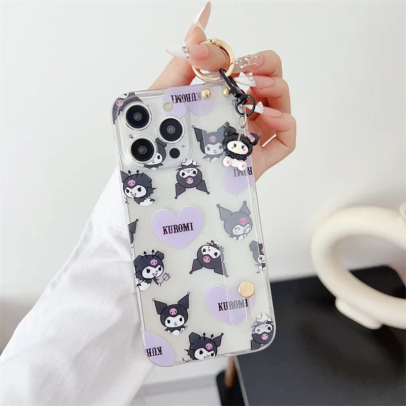 Cute Cartoon Kuromi Melody Phone Case With Clear Strap Lanyard For iPhone 16 15 14 13 12mini 11 Pro Max XS XR X 6 7 8 Plus Cover