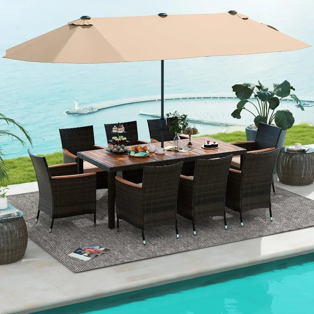 10 Piece Patio Rattan Dining Set with 15Ft Double-Sided Umbrella, Outdoor Heavy Duty Acacia Wood Table and Stackable Wicker