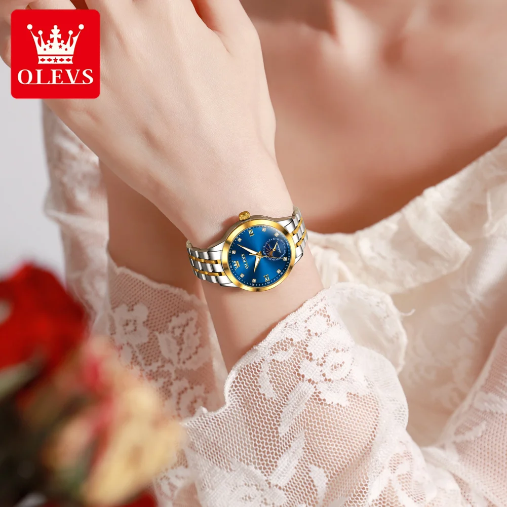 OLEVS 7041 Women's Watch Fashion Moon Phase Mechanical Watch For Women Original Calendar Waterproof Diamond Scale Wristwatch