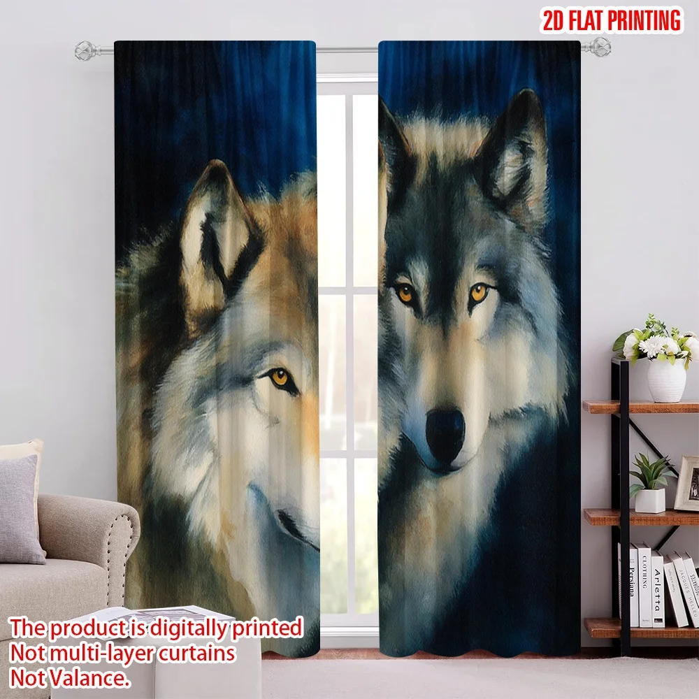 2D flat printing 2pcs Drapes Wolf Couple Wildlife Canvas Digital Printed Polyester Drapes Festive Holiday for Festive and Winter