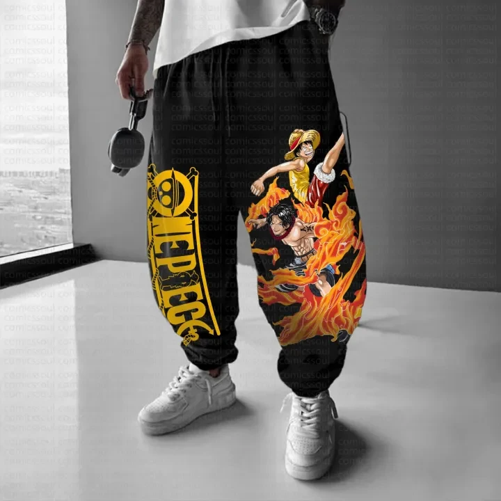 One Piece 2026 Herren Jogginghose Luffy & Ace Flammen-Kunstdruck Anime Streetwear Sweatpants Schnelltrocknend Atmungsaktiv Locker Sitzende Freizeithose