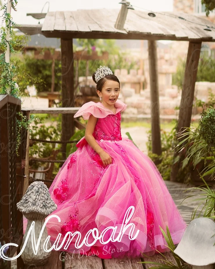 Fuchsia Flower Girl Dress For Wedding Lace Appliques Girl Birthday Party with Bow Floor Length First Communion Gowns Customized