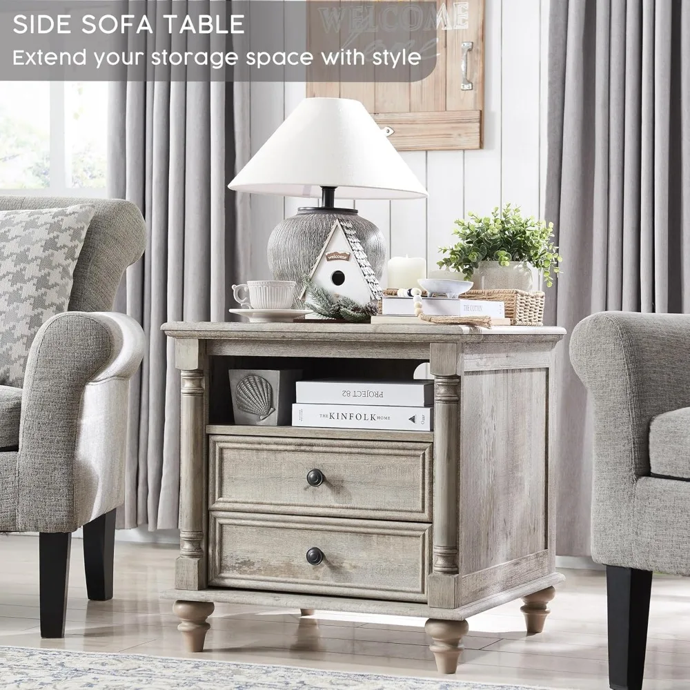 24'' Farmhouse End Table w/4 Solid Wood Feet, Large 2 Drawers Wide Sofa Side Table with Charging Station, Tall Rustic