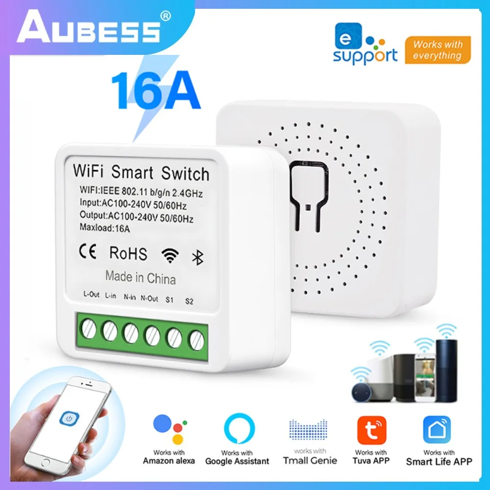 Aubess 16A eWeLink WiFi Cassette Single Circuit Switch 2-way Control Smart Home Automation Module Alexa Amazon Voice Control