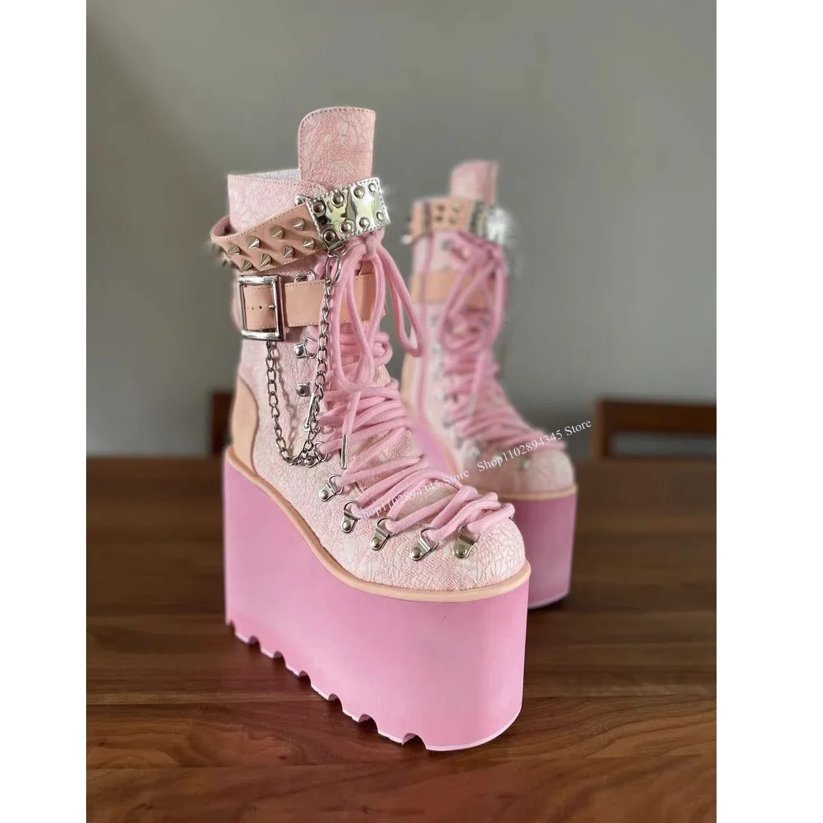 

Pink Rivet Mid Calf Lace Up Boots Platform Wedge Heel Fashionable Sexy Cool 2024 Winter Big Size Woman Shoes Zapatillas Mujer