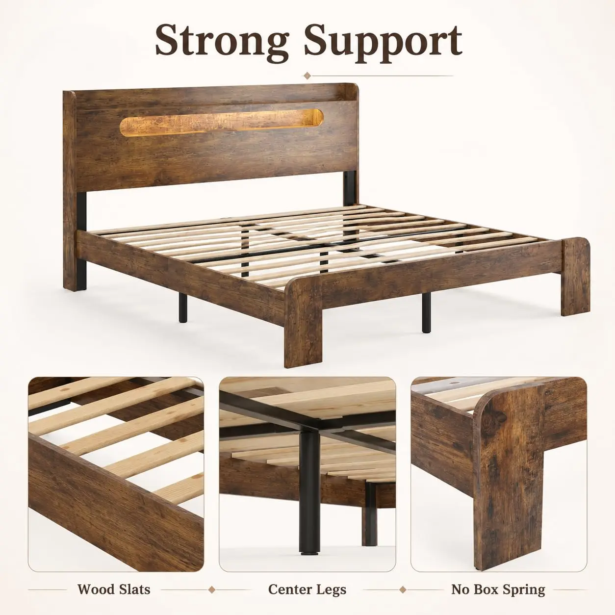 Wood Bed Frame Storage Headboard USB Charging No Box Spring Easy Assembly, Customized image 6