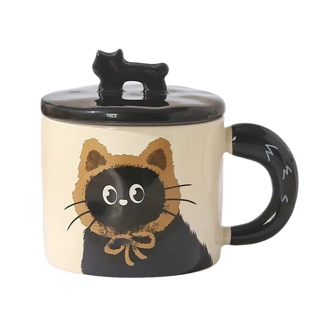 Cartoon Cat Mug with Lid Drinkware Cute Ceramic Coffee Cups Office Home Kitchen Dining Supplies