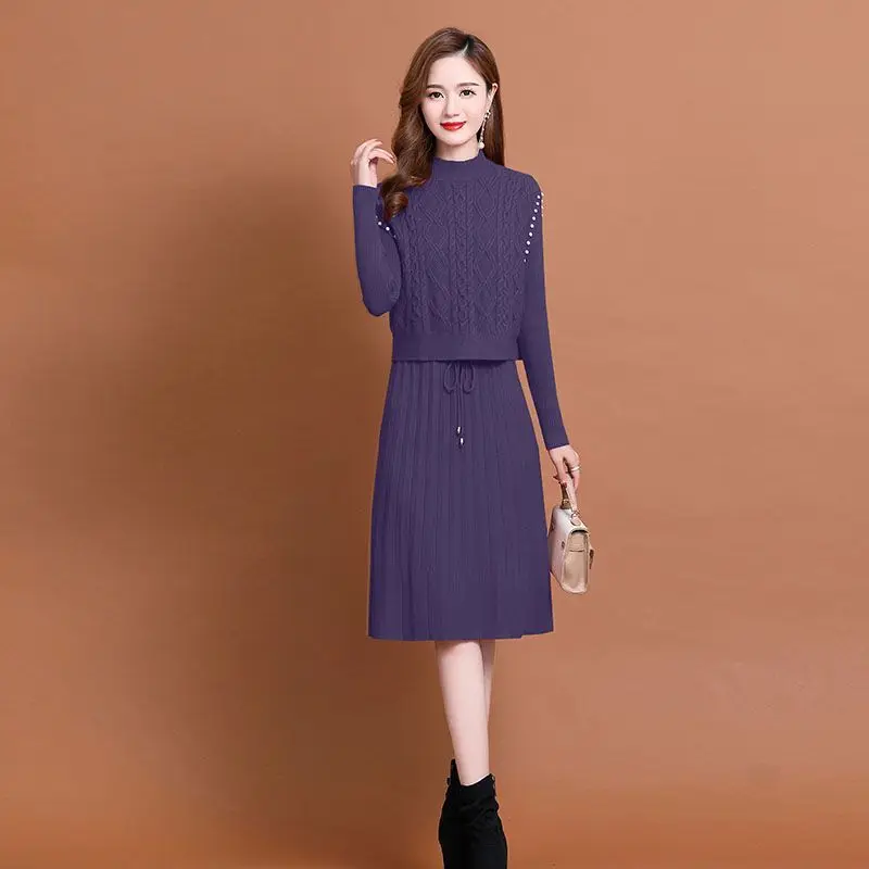 EHQAXIN Autumn Winter Womens Knitted Dress Set Fashion 2024 New Beaded Pullover Vest+Casual Sweater Lace-Up Knit Dress Set S-2XL