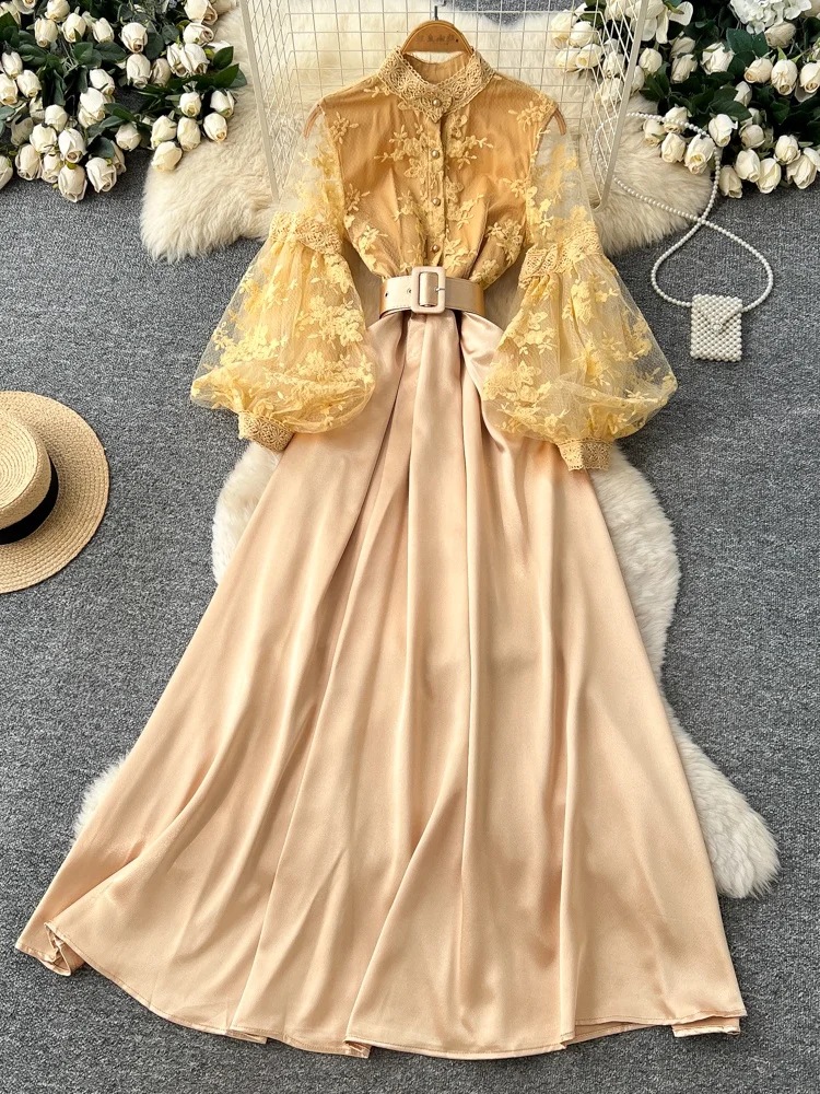 Elegant High Collar Lace Lantern Sleeve Dress Women's Spring Summer Slimming Long Dress Commute Polyester Fiber A-Line Skirt
