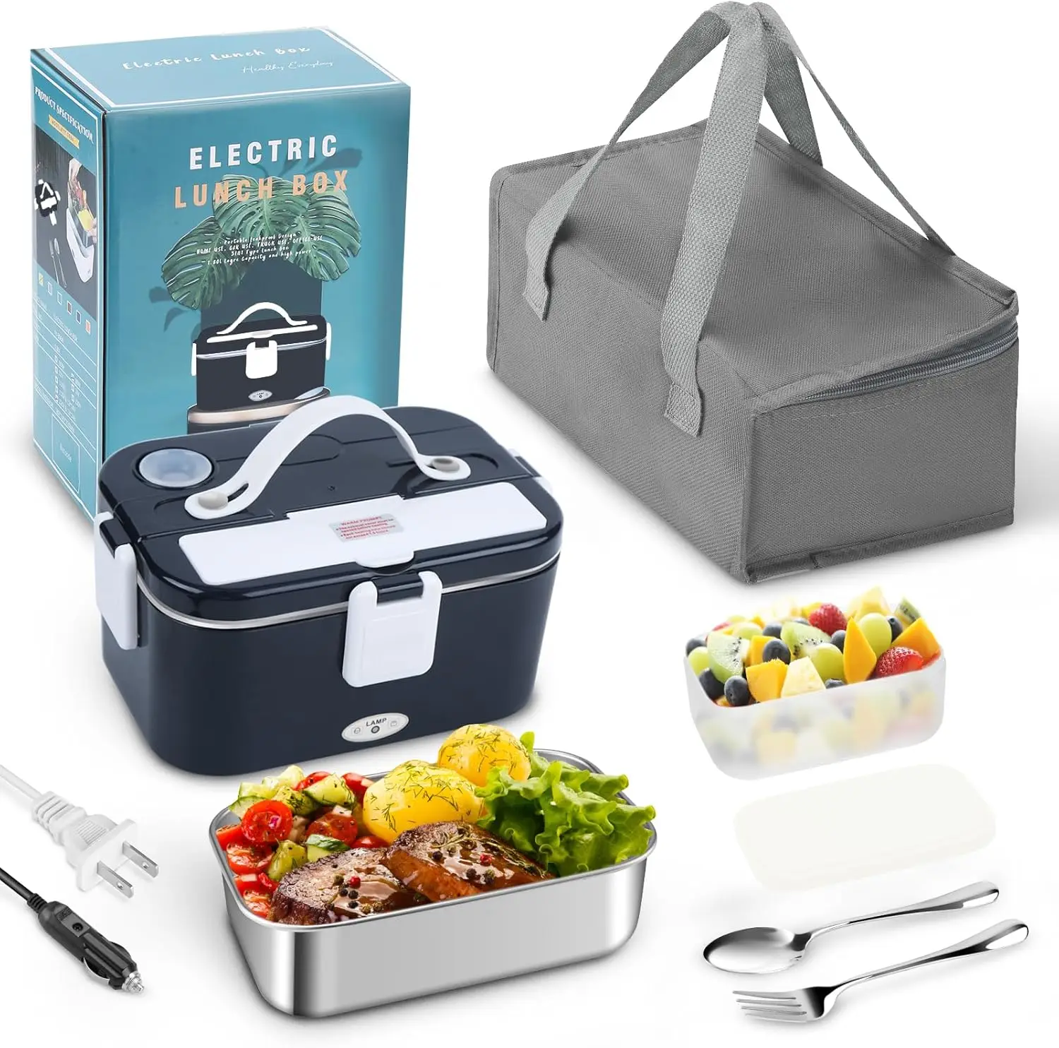 

Electric Lunch Box 80W Portable Food Heater 3-in-1 12V/24V/110V Leak-Proof 1.8L Stainless Steel with Fork Spoon Insulated Bag fo