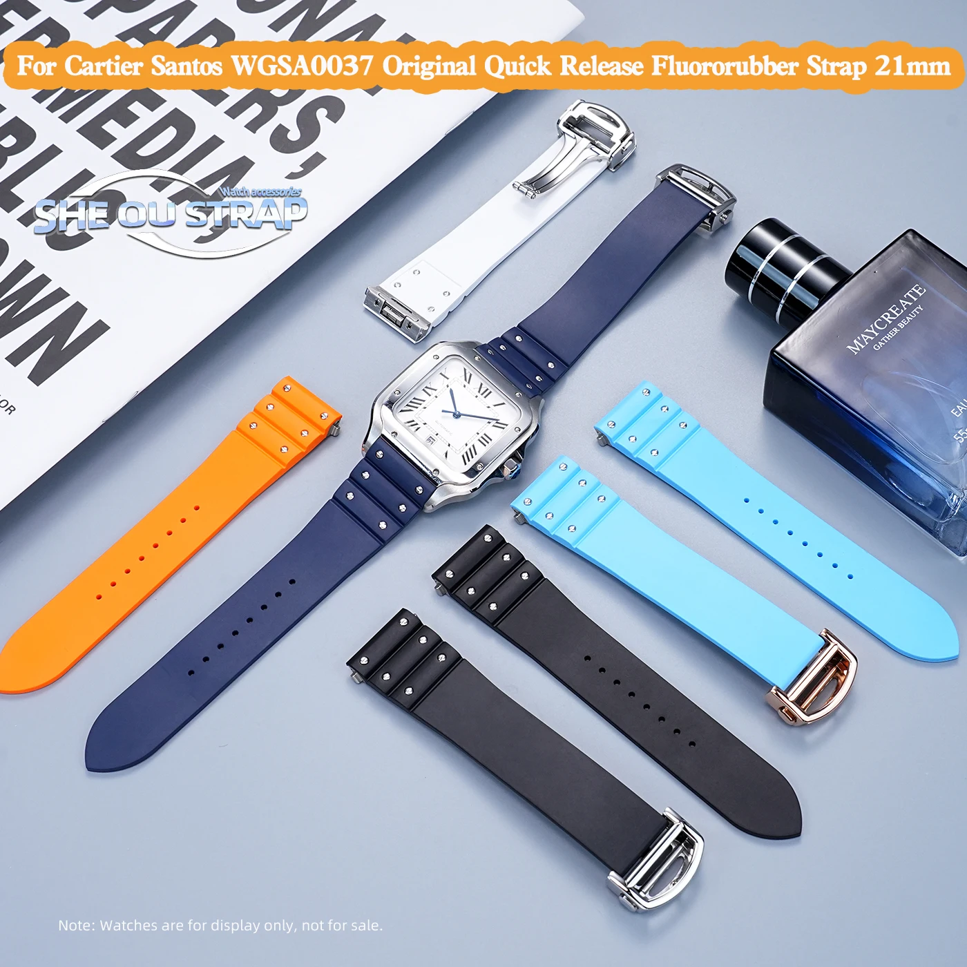 For Cartier New Santos WSSA0018 WGSA0037 WSSA0009 Original Quick Release High Quality Fluororubber Strap Black  Blue Orange 21mm