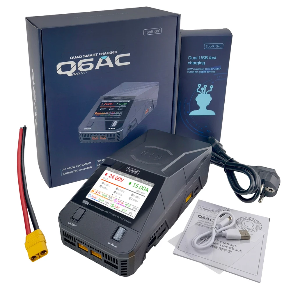 ToolkitRC Q6AC Oplader AC 400W / DC 1000W 4CH-uitgang Ingebouwde 65W USB-uitgang 15W draadloze oplader voor LiPo NiMH PB-batterij - afbeelding 2