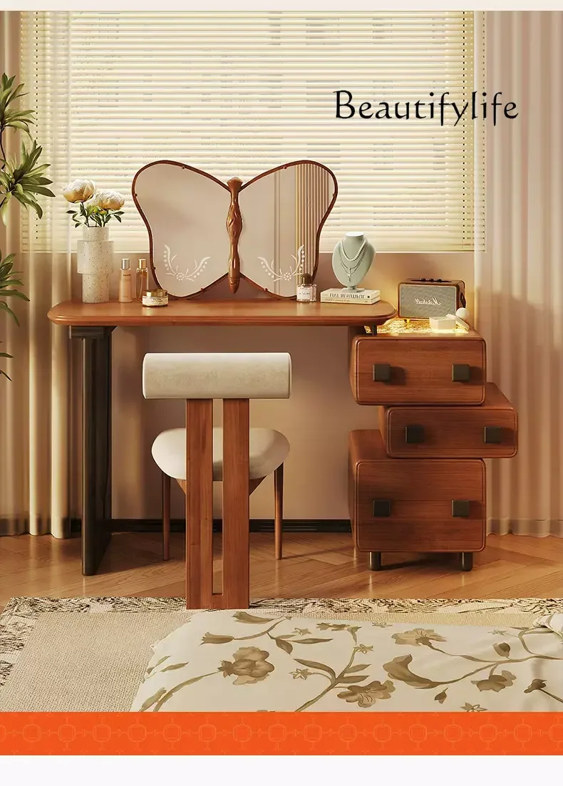 

French medieval retractable building block dresser bedroom solid wood makeup table integrated storage cabinet