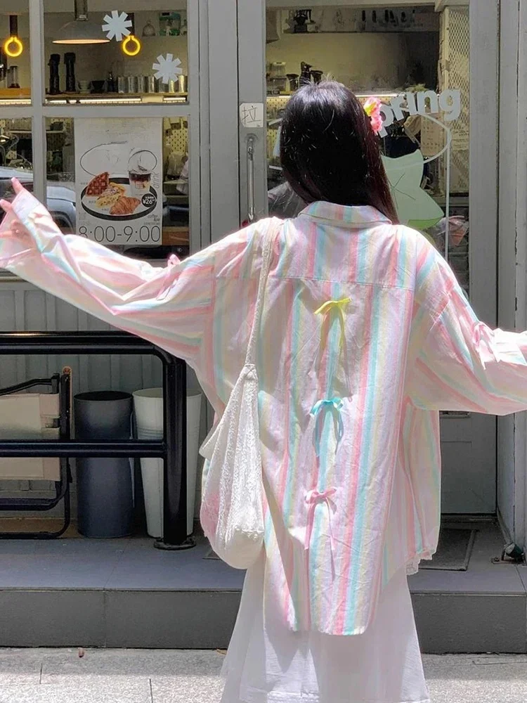 

Striped Shirt Women Casual Loose Sweet Korean Blouse Vintage Long Sleeve Elegant Cute Bow Lady Spring Summer Tops