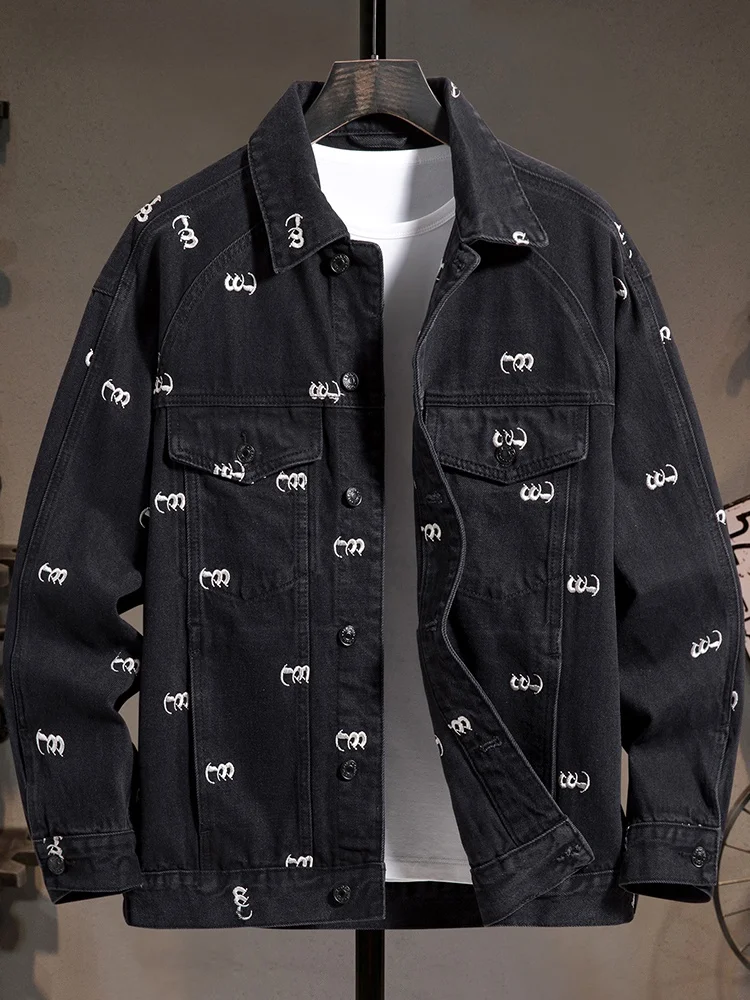 

Faionable Youthful Denim Jaet for Men with Embroidered Floral Design Casual Waed Heavyweight Motorcycle Sle Jaet