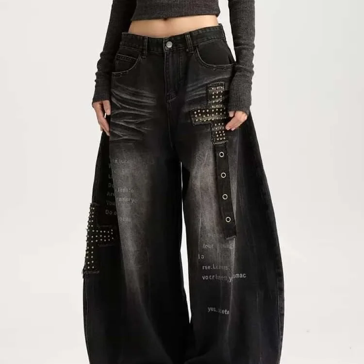 ONE TO WAN Women's Baggy Jeans Y2k Japanese Streetwear Cross Dark Academia Men American Retro Denim Pants Wide Fit Grunge Cowboy