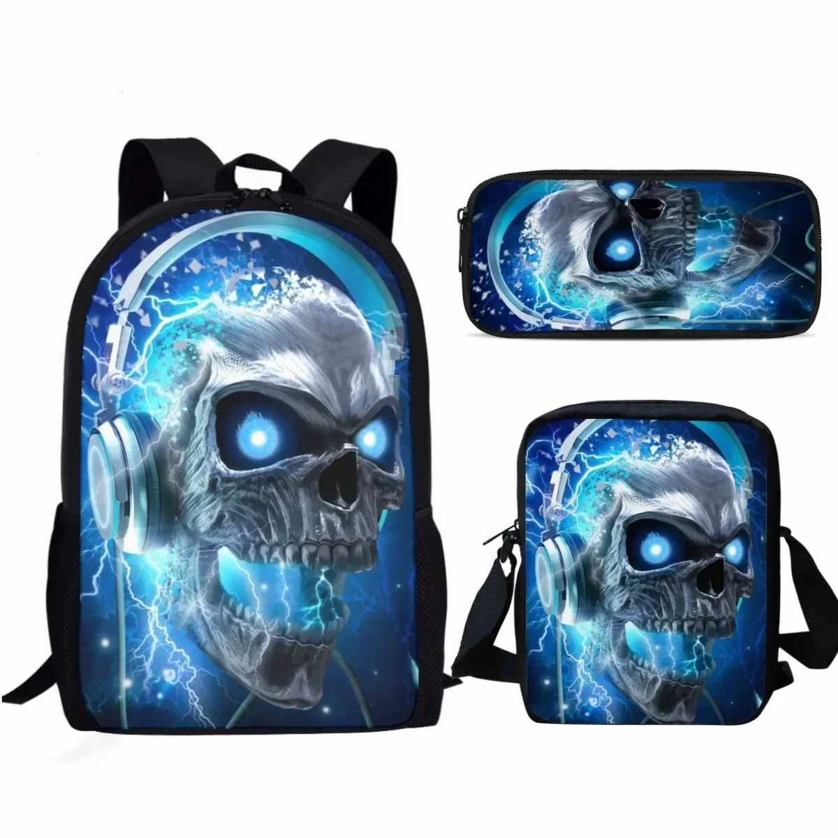 3Pcs/Set Cool Skull Pattern Print School Bag Set Boys Girls Casual Travel Backpack Student Book  with Lunch Pencil Custom