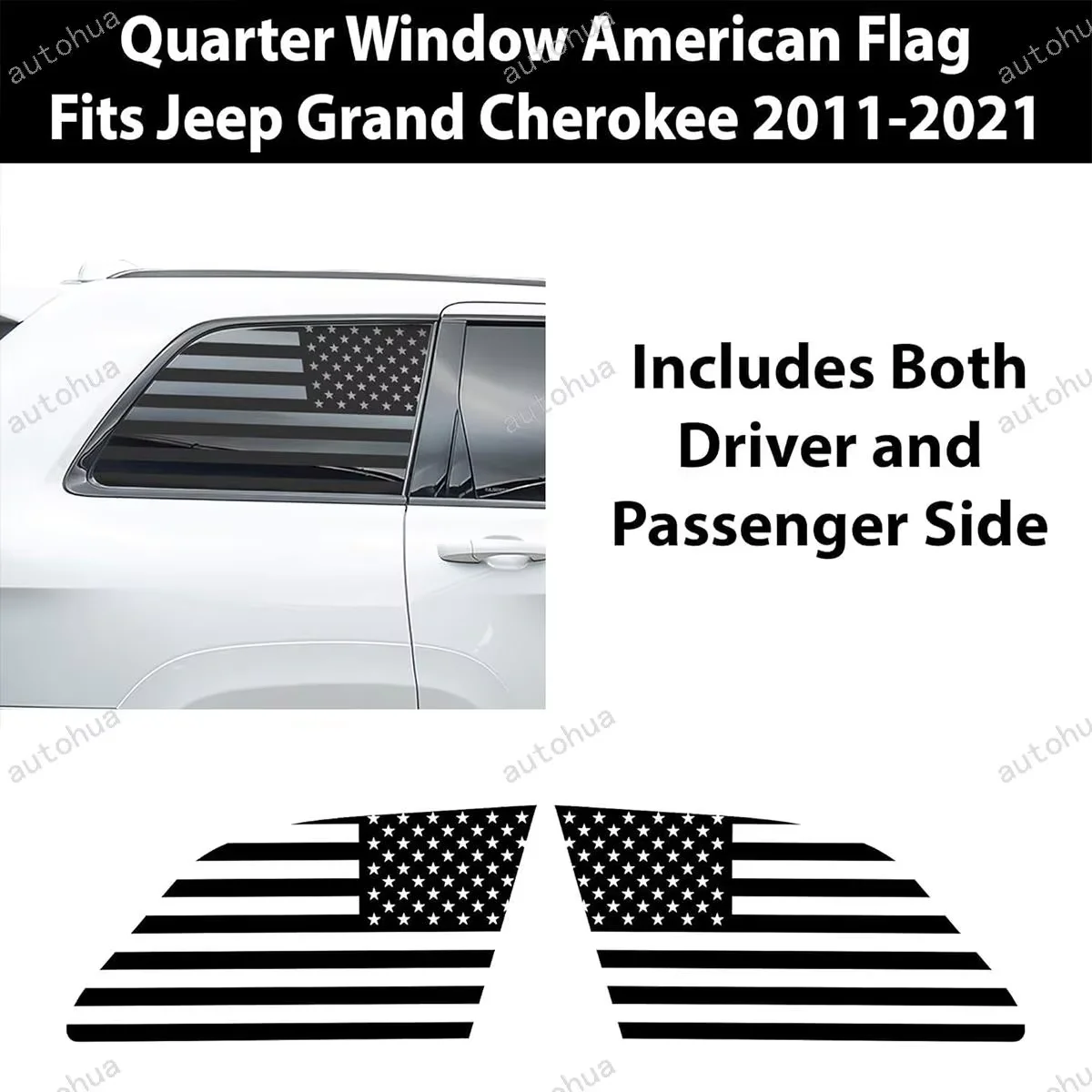 Precut American Flag Rear Side Quarter Window Decals For Jeep Grand Cherokee 2011-2021, Matte Black 2Pcs