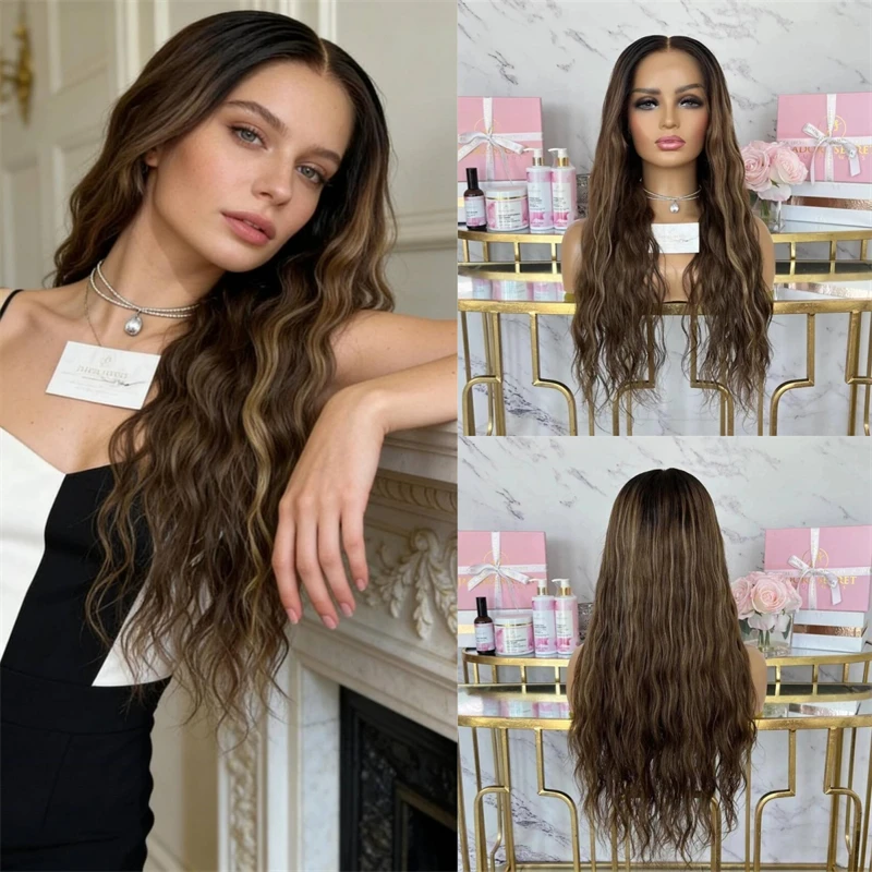 Ombre Dark Brown with Blonde Streaks HD Lace Front Wig Natural Looking Synthetic Heat Resistant Fiber Wigs for Daily Cosplay