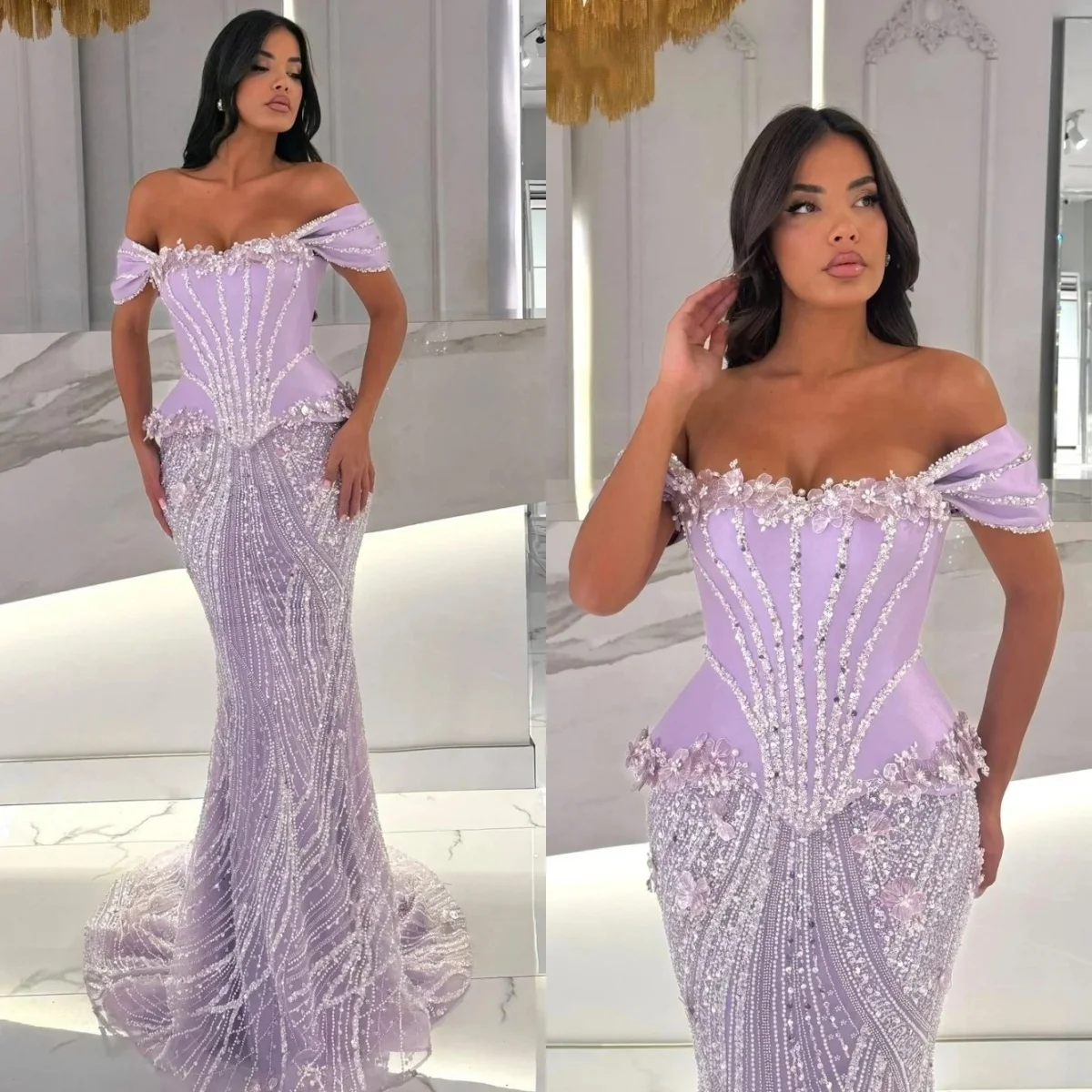 

Graceful Evening Dresses Sequins Flowers Prom Gowns Off Shoulder Pearl Beading Princess Sweep Train Customized Vestidos De Noche