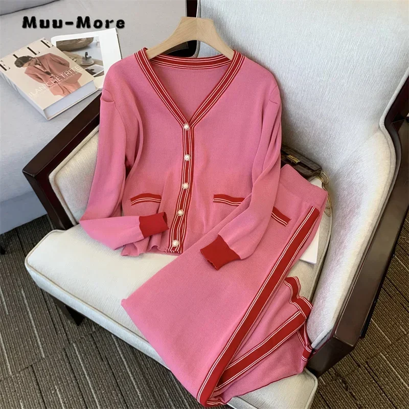 

2024 Winter Female Casual Sexy Two-piece Set Women Long Sleeve V-neck Sweater + Elastic Waist Trousers Sets Pink Pants Suits
