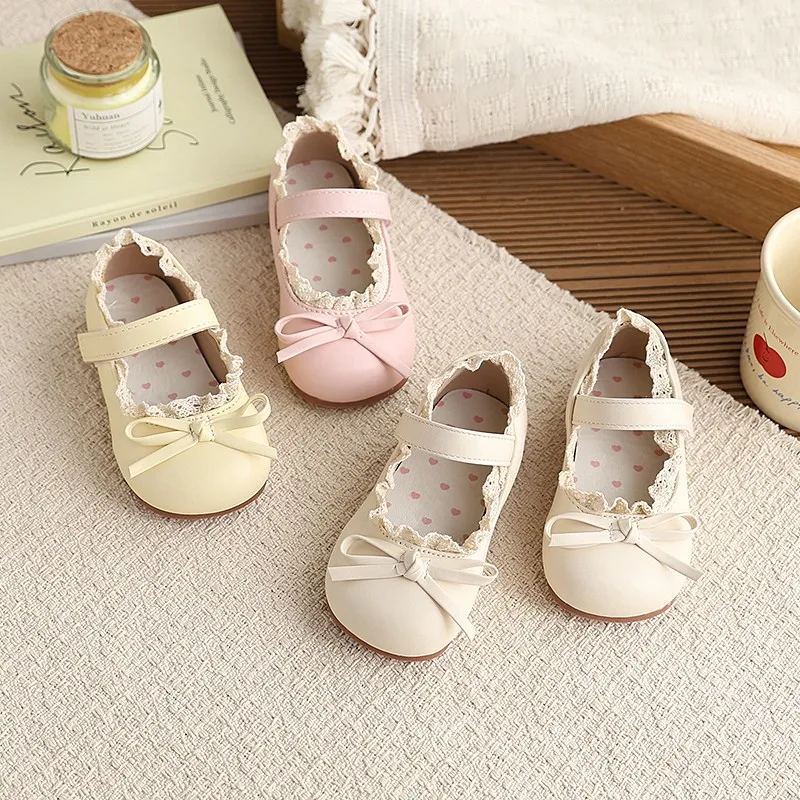 Spring Girl's Mary Janes Bowknot Lace Sweet Chic Kid's Flat Shoe Solid Colors Light Daily Lovely Anti-slip Children Shoes 4-6Y